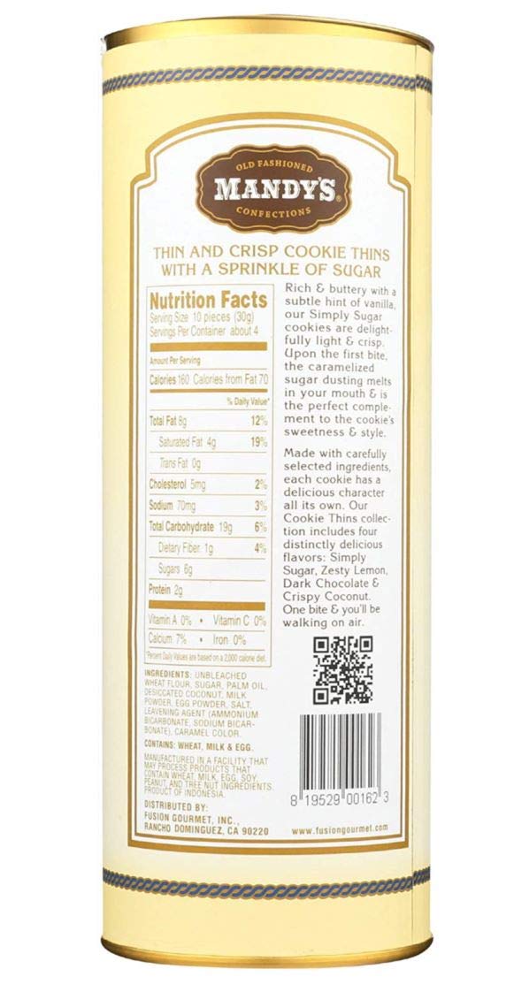 Mandy's - Simply Sugar Cookie Thins - 4.6 Ounce. Canister Contains 42 Cookies.
