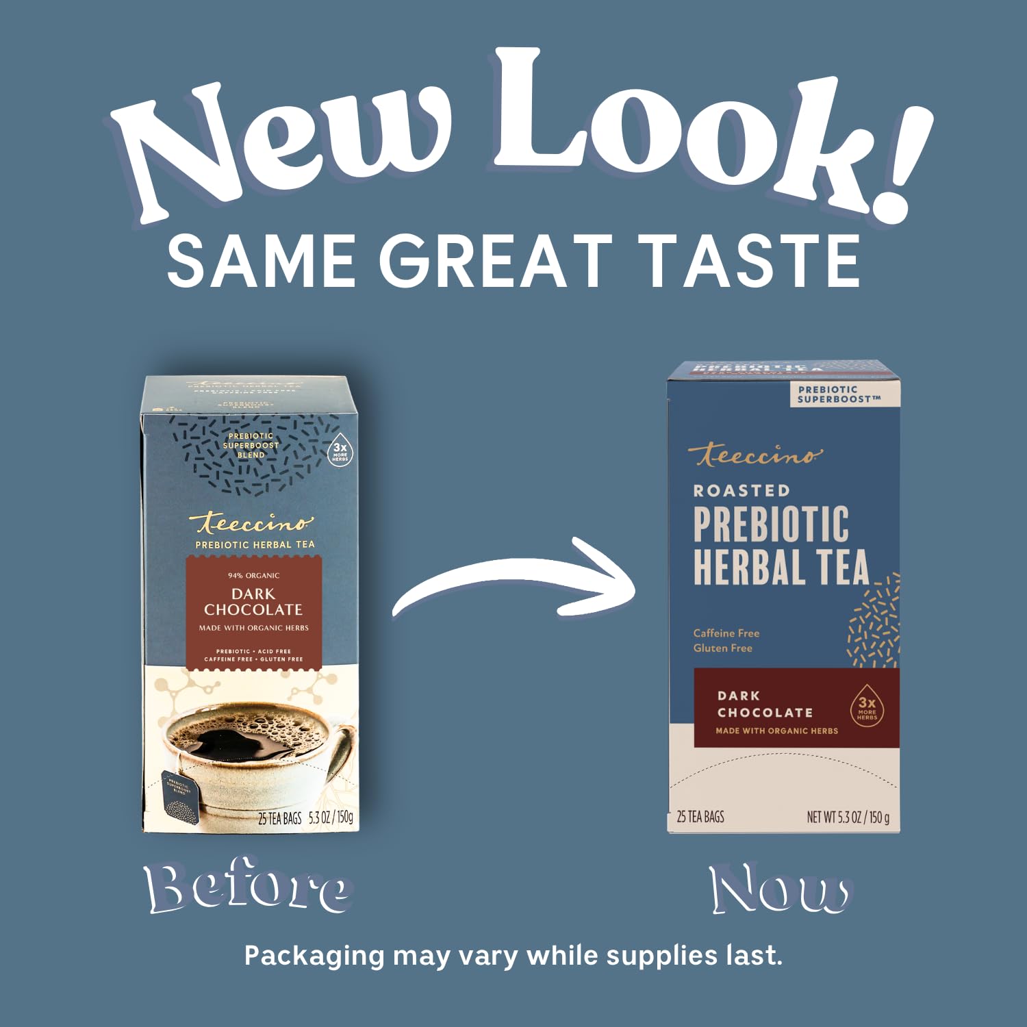 Teeccino Dark Chocolate Prebiotic SuperBoost™ Herbal Tea - Support Your Probiotics with Vegan GOS & Organic XOS For Good Gut Health and Regularity, 25