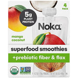 Noka Superfood Smoothie Pouches (Mango Coconut) 4 Pack, with Plant Protein, Prebiotic Fiber & Flax Seed, Organic, Gluten Free, Vegan, Healthy Fruit