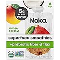 Noka Superfood Smoothie Pouches (Mango Coconut) 4 Pack, with Plant Protein, Prebiotic Fiber & Flax Seed, Organic, Gluten Free, Vegan, Healthy Fruit