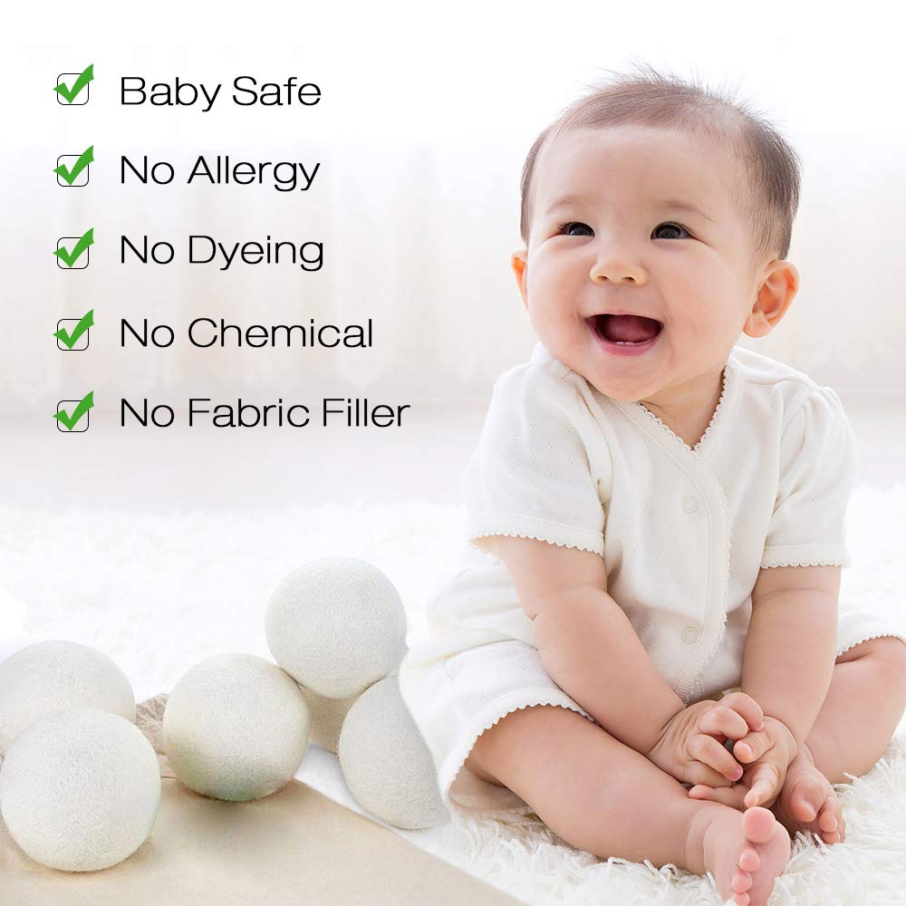 Raffaelo Wool Ball, Wool Dryer Balls XL Premium Reusable Natural Fabric Softener Pet Fur Hair Remover - Set of 6PCS (White)