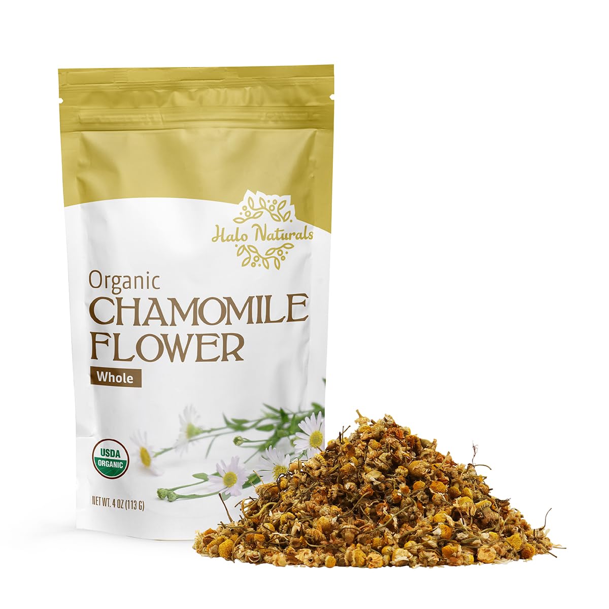 Halo Naturals Organic Chamomile Flower Whole Tea, 4 Ounces (Matricaria recutita) USDA Certified | Resealable Pouch| Packaged in The USA (Pack of 1)