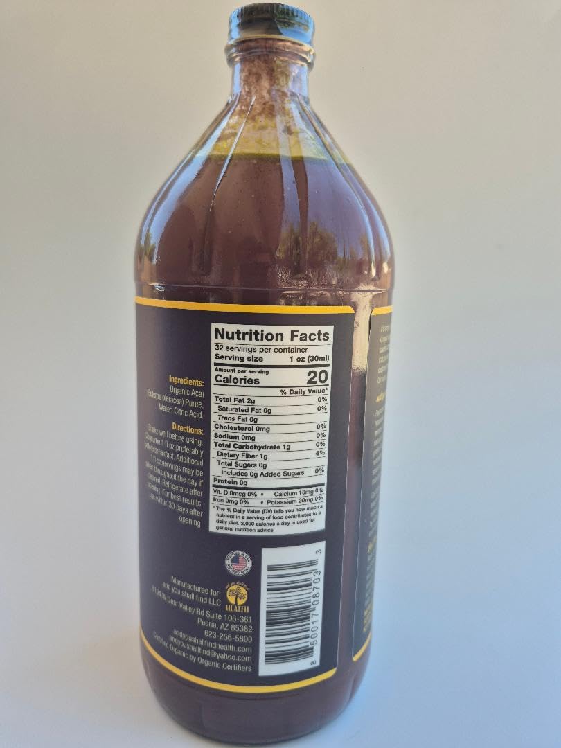Organic Only ACAI 100% Pure Juice 32oz (1qt) Vitamin, Antioxidant & Omega Rich Liquid Fruit Puree 30g of Whole Superfruit Per Serving Gluten-Free