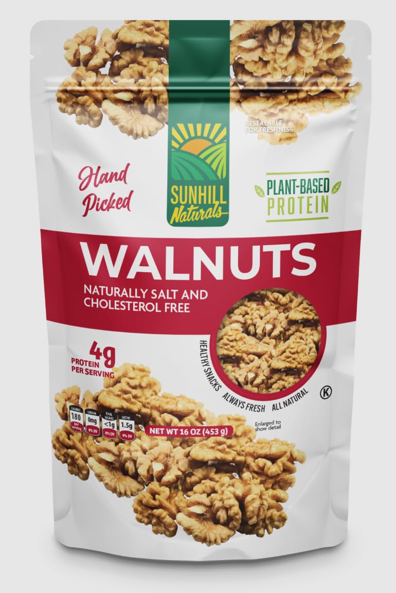 Sunhill Naturals Premium Raw Shelled Walnuts | Fresh Halved Unsalted Raw Chandler Walnuts for Smart Snacking | LHC | Light Halves