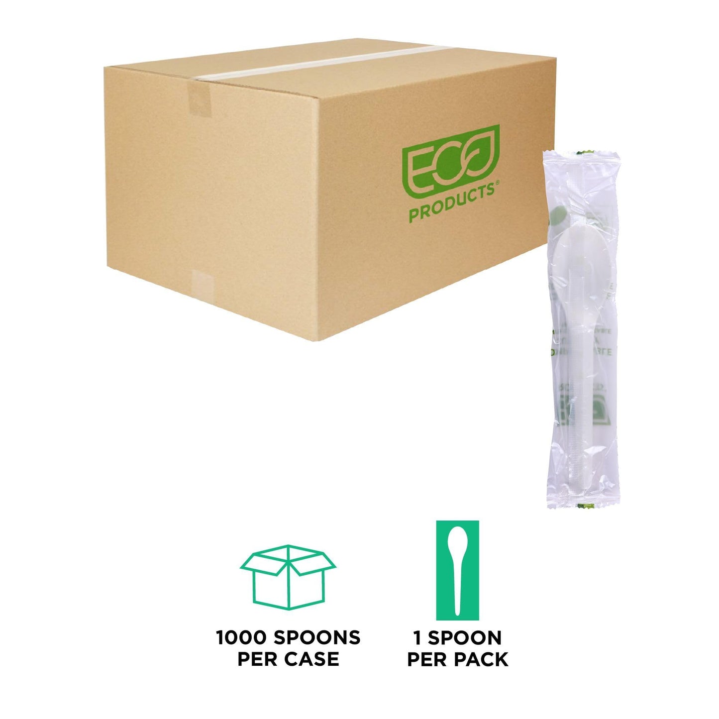 Eco-Products Compostable CPLA 6" Plastic Spoons, Case of 1000, Individually Wrapped Spoon, Disposable White Plantware Cutlery, Renewable Material Made