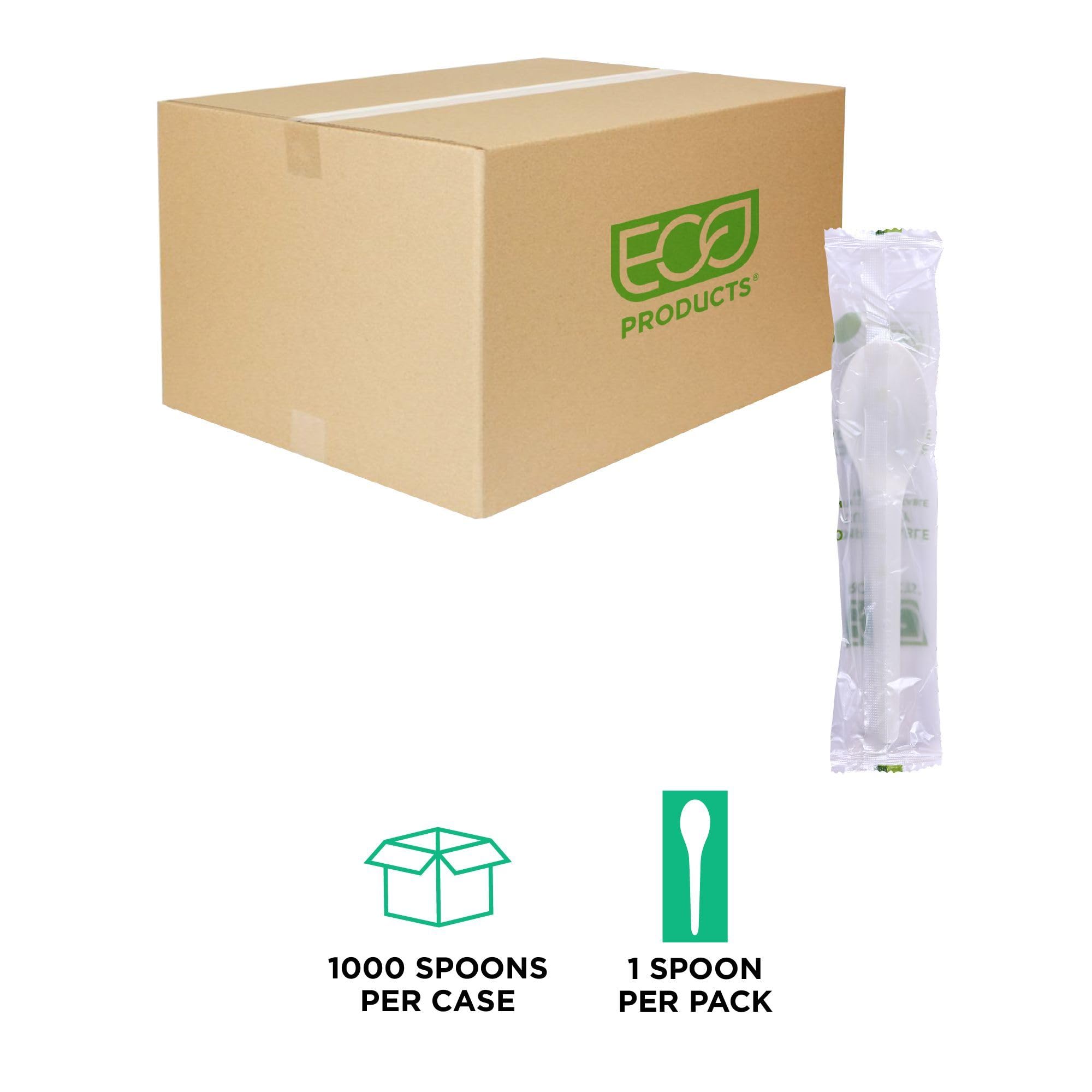 Eco-Products Compostable CPLA 6" Plastic Spoons, Case of 1000, Individually Wrapped Spoon, Disposable White Plantware Cutlery, Renewable Material Made