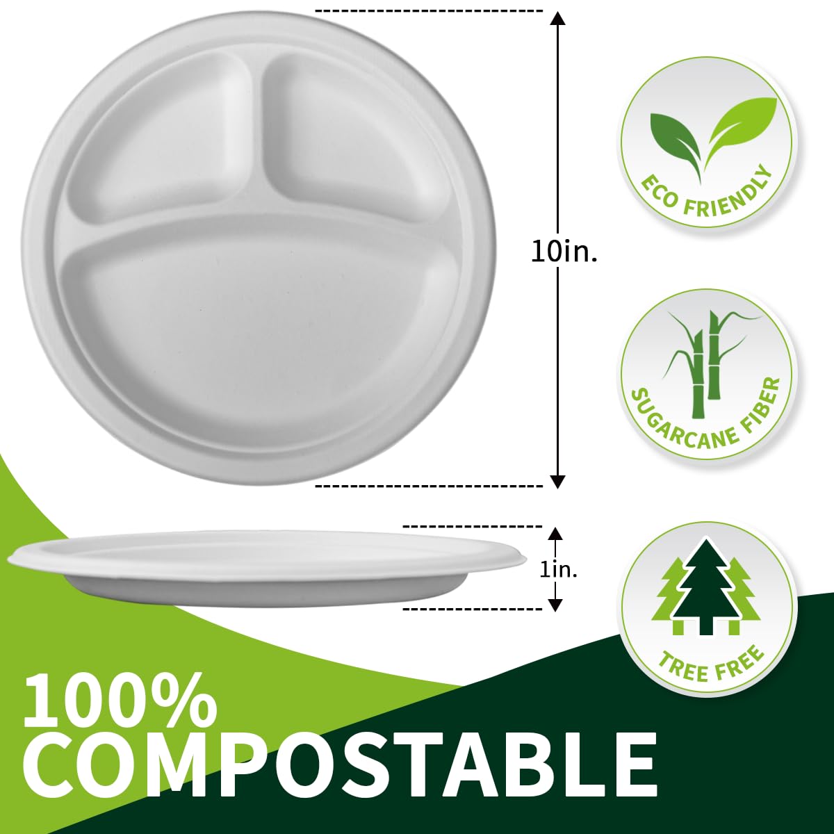 Lxins ECO 10 Inch 3 Compartment Paper Plates ?White 150 Pack?, Compostable Divided Plates, 100% Sugarcane Bagasse, Heavy Duty Disposable Plates