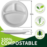Lxins ECO 10 Inch 3 Compartment Paper Plates ?White 150 Pack?, Compostable Divided Plates, 100% Sugarcane Bagasse, Heavy Duty Disposable Plates