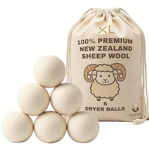 NordVale Wool Dryer Balls, 6 Pack XL Premium 100% New Zealand Wool, Reusable Natural Fabric Softener for 1300+ Loads, Helps Reduce Drying Time, Static