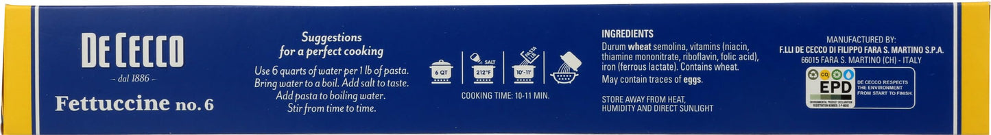 De Cecco Semolina Pasta, Fettuccine, 16 oz- Made in Italy, High in Protein & Iron, Bronze Die (VSA0006p)