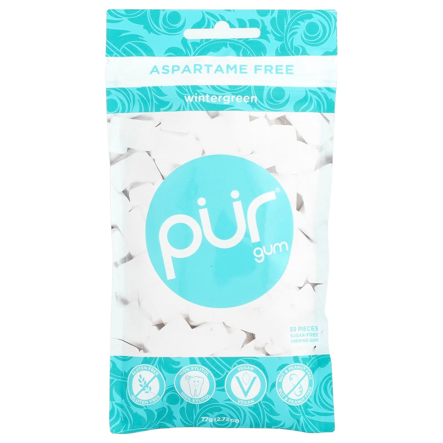 Pur Gum Wintergreen Gum, 80 Gram - 60 pieces per pack - 12 packs per case.