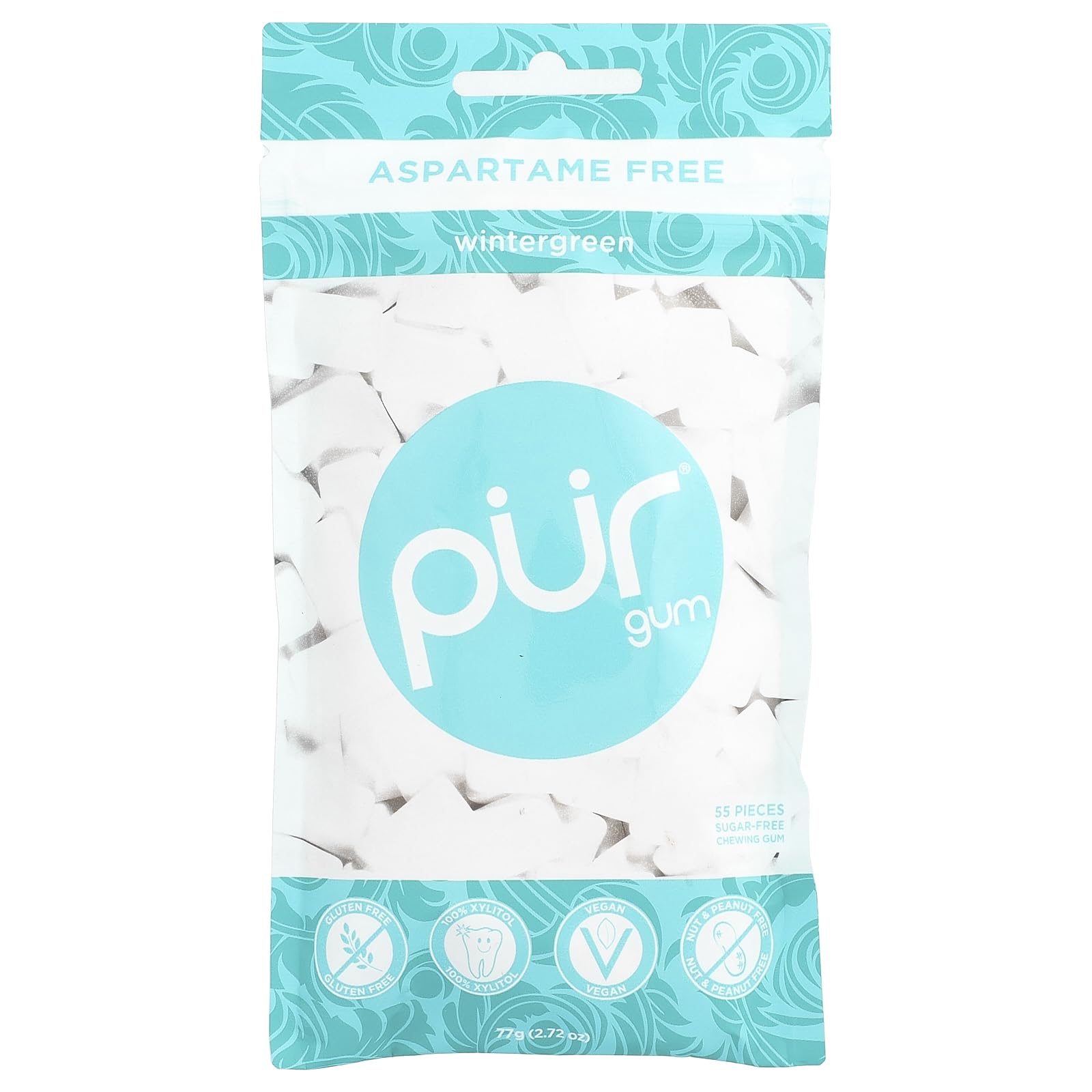 Pur Gum Wintergreen Gum, 80 Gram - 60 pieces per pack - 12 packs per case.