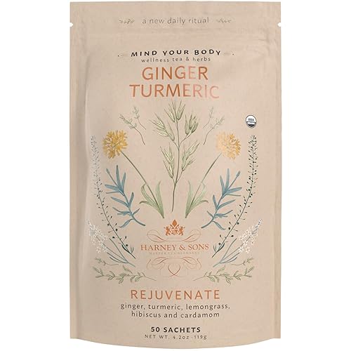 Harney & Sons Organic Ginger Turmeric | Bag of 50 Sachets with Apple, Ginger, Lemongrass, and Hibiscus