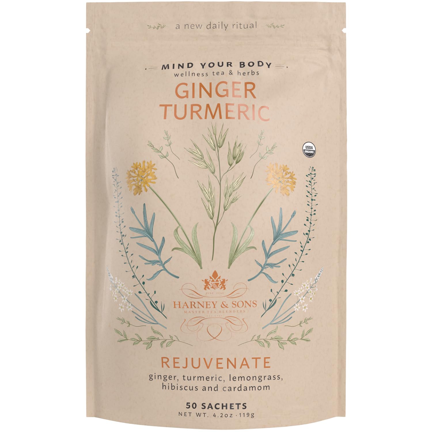Harney & Sons Organic Ginger Turmeric | Bag of 50 Sachets with Apple, Ginger, Lemongrass, and Hibiscus