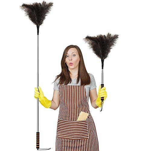 CHKYYB Extendable Ostrich Feather Duster 60 Inches Fluffy Natural Genuine Handheld Feather Duster for Cleaning High Ceiling Pendant Lamp Office Home