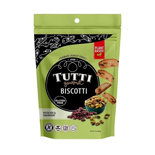 Tutti Gourmet Gluten Free Pistachio & Cranberry Biscotti, 9.9 oz (283g) Resealable Cookie Bag - Vegan and Halal Snacks