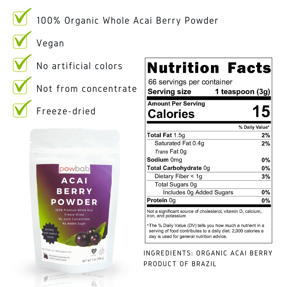 powbab Acai Berry Powder - 100% Organic Acai Powder. Freeze Dried, Unsweetened from Brazil. Pure Superfood. Rich in Antioxidants, Perfect for Fruit