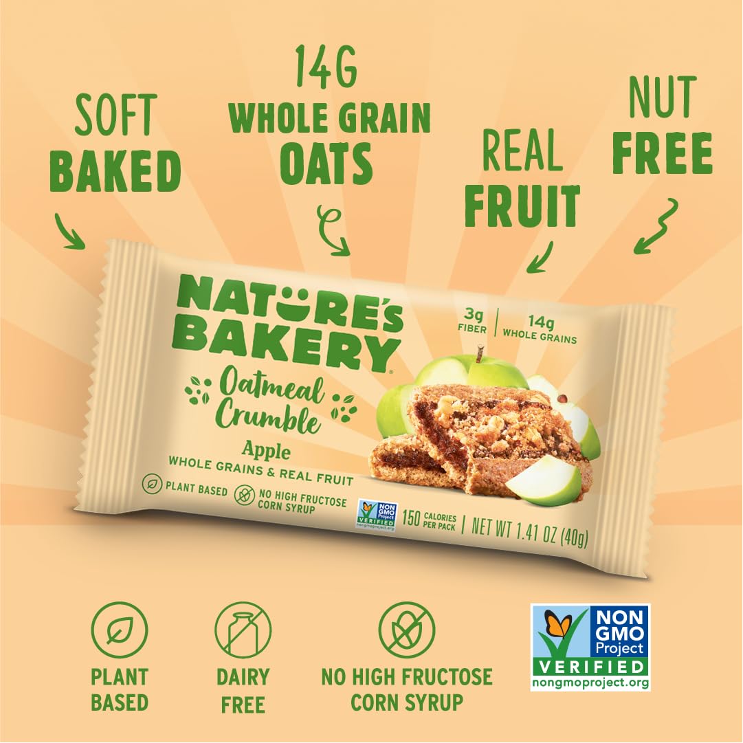 Nature's Bakery Oatmeal Crumble Bars, Apple, 6-6 Count Boxes (36 Bars), Vegan Snacks, Non-GMO