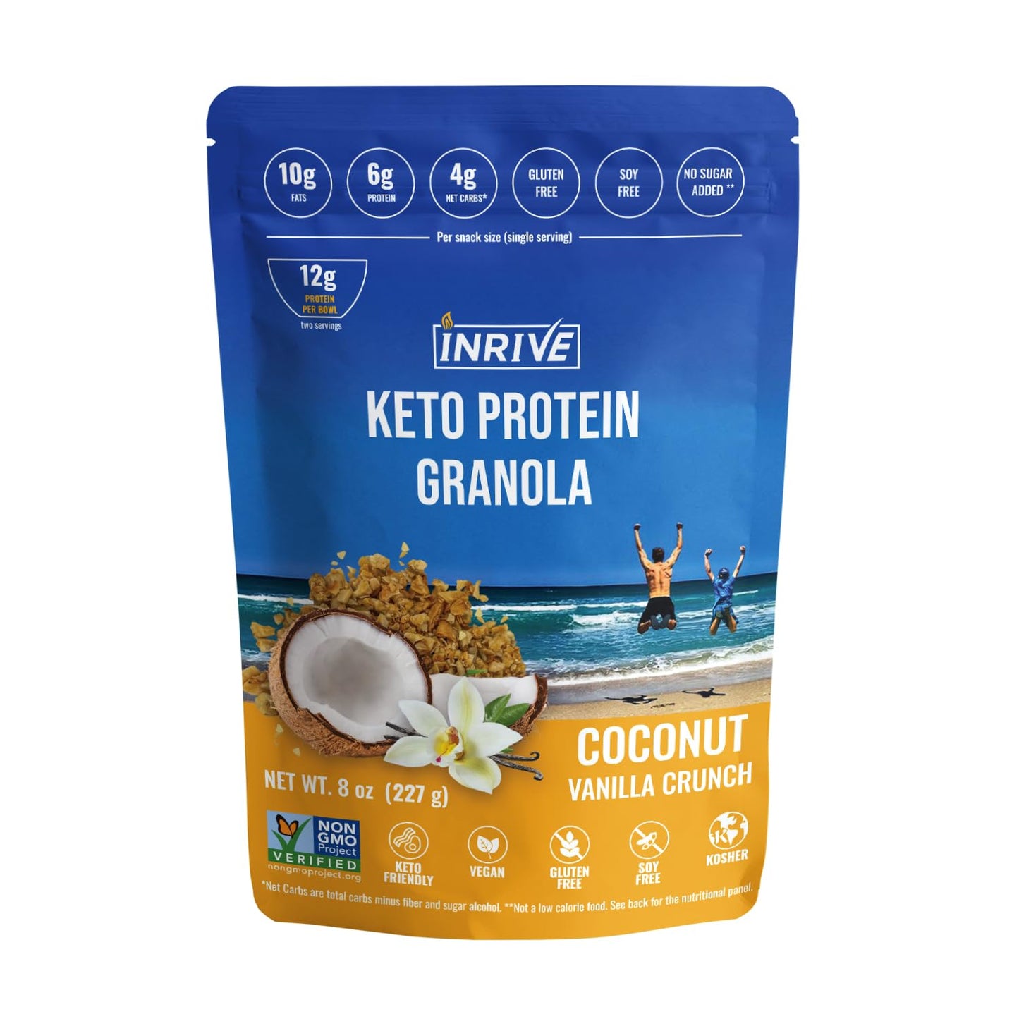 Inrive Keto High-Protein Gluten-Free Granola (Coconut Vanilla Crunch) Non-GMO, No Sugar Added, Vegan, Kosher, Soy-Free, 8oz, 3-pack