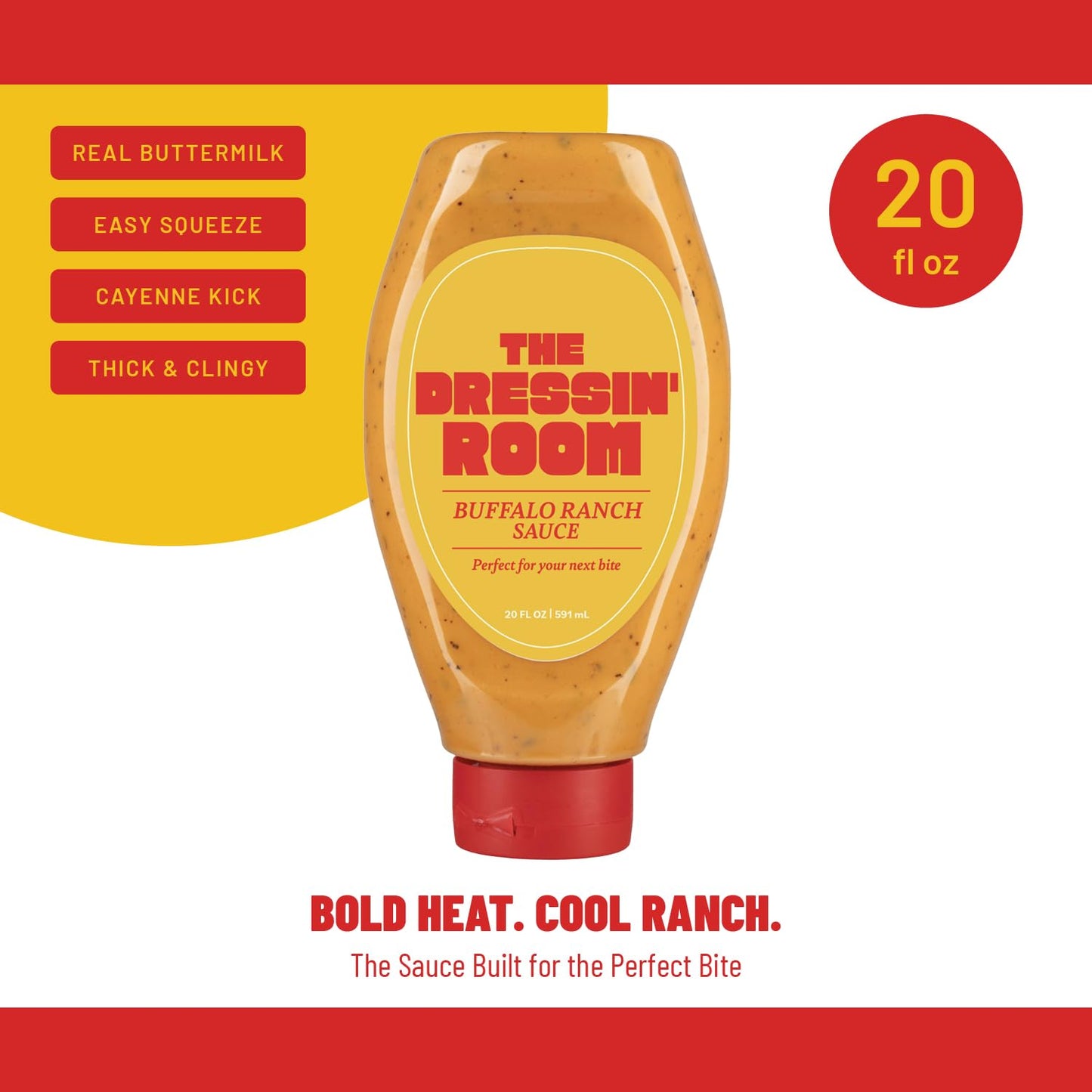 The Dressin' Room Buffalo Ranch Sauce - Spicy Creamy Ranch Dipping Sauce, Thick & Tangy, Perfect for Chicken, Fries & Pizza - Easy Squeeze Inverted
