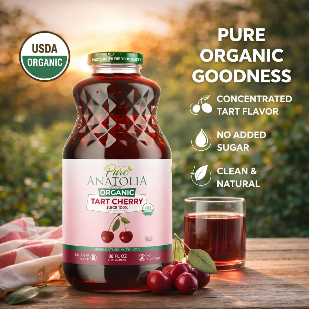 Pure Anatolia Organic Tart Cherry Juice 32 fl oz - Unsweetened Pure Tart Cherry Juice Organic - No Sugar Added, Non GMO, Gluten Free, Kosher - Sour