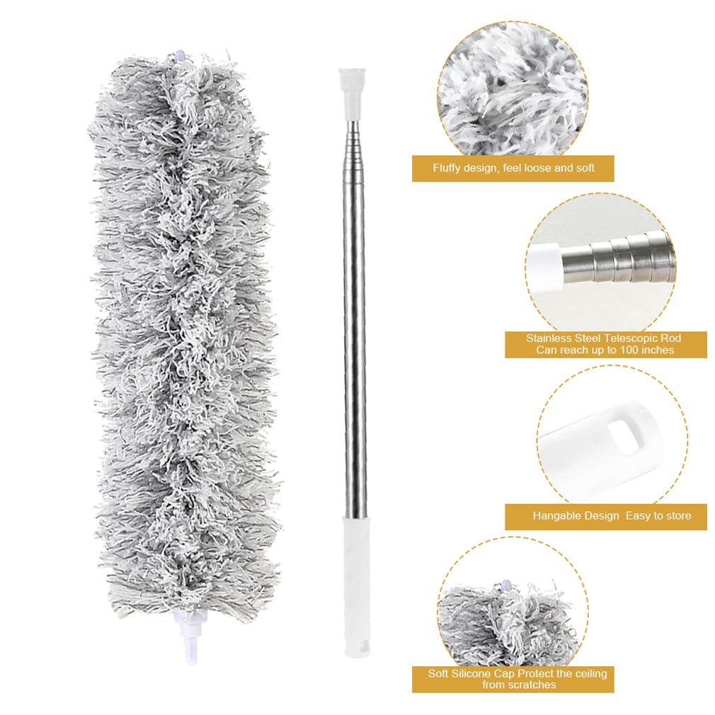 Feather Duster Extendable Microfiber Dusters Hand Dusters for Cleaning Washable Cobweb Dusters with Stainless Steel Extension Pole Telescopic Duster