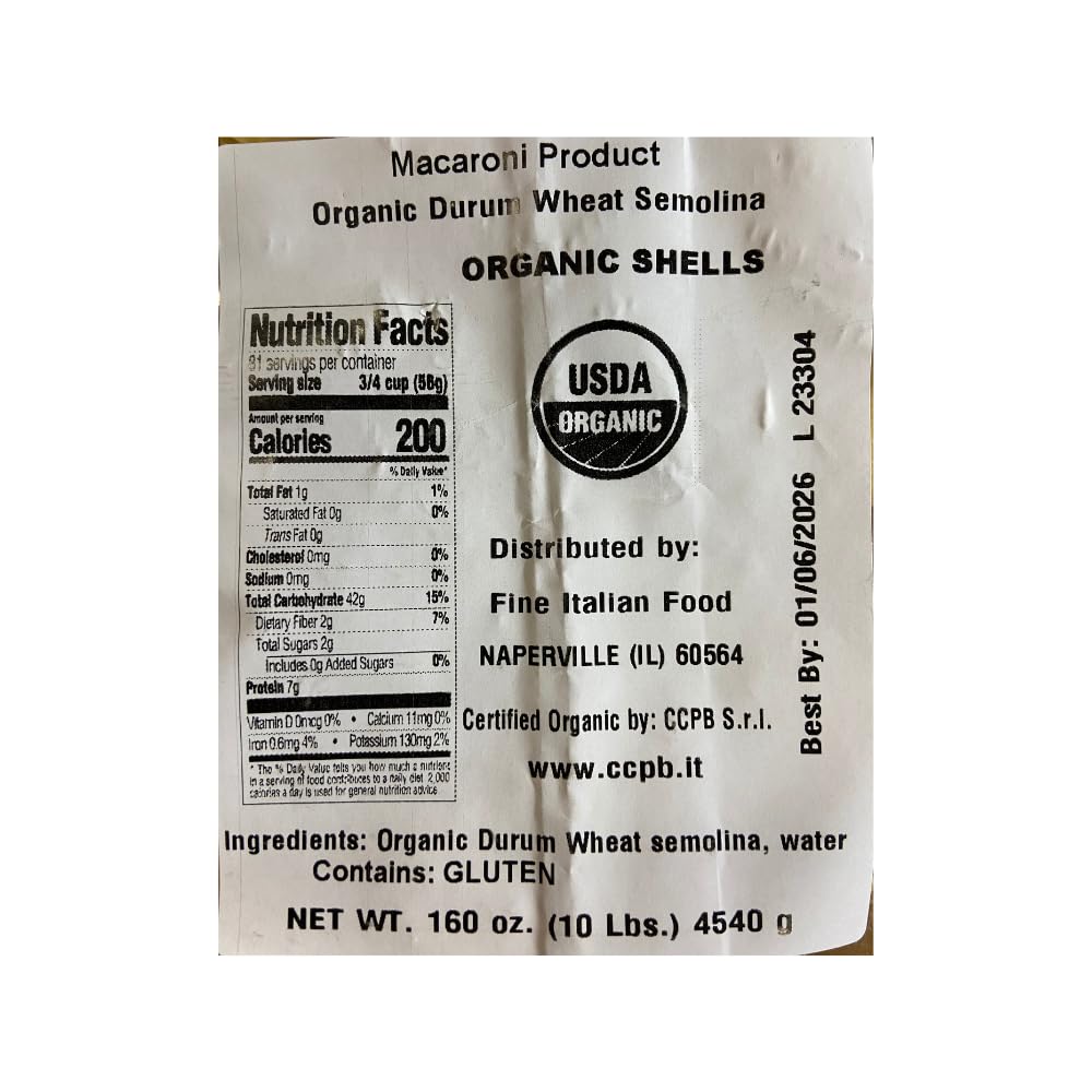Mantova Organic Shells Pasta, 160 oz. (10 lbs.) (Pack of 1), Product of Italy, Traditional, Bronze-Die, Slow-Dried Conchiglie Pasta, Made with 100%