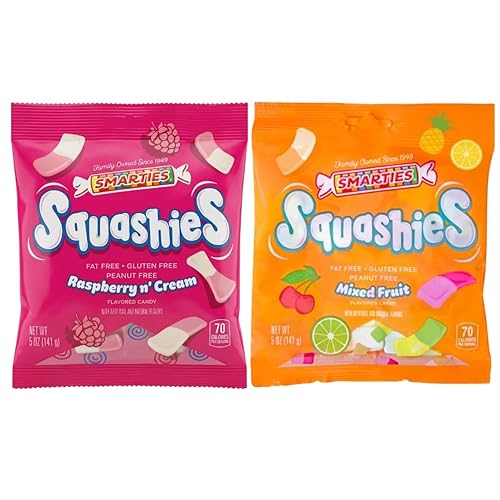 Smarties Squashies Variety Pack Foam Marshmallows Gummy Candies - Raspberry & Cream and Mixed Fruit Flavored - Allergen Free, Peanut Free & Gluten