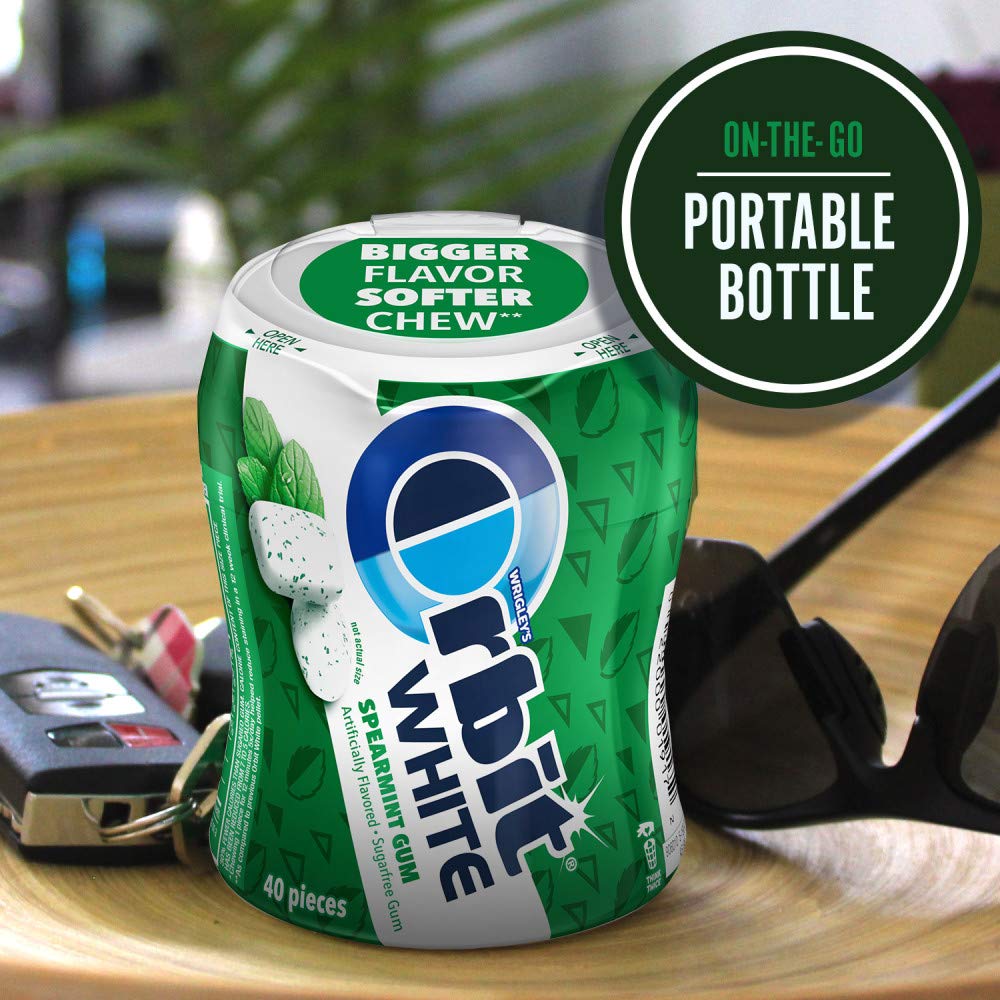 ORBIT WHITE Spearmint Sugar Free Mint Sugarless Fresh Breath Chewing Gum, 40 Piece Resealable Bottle (Pack of 4)