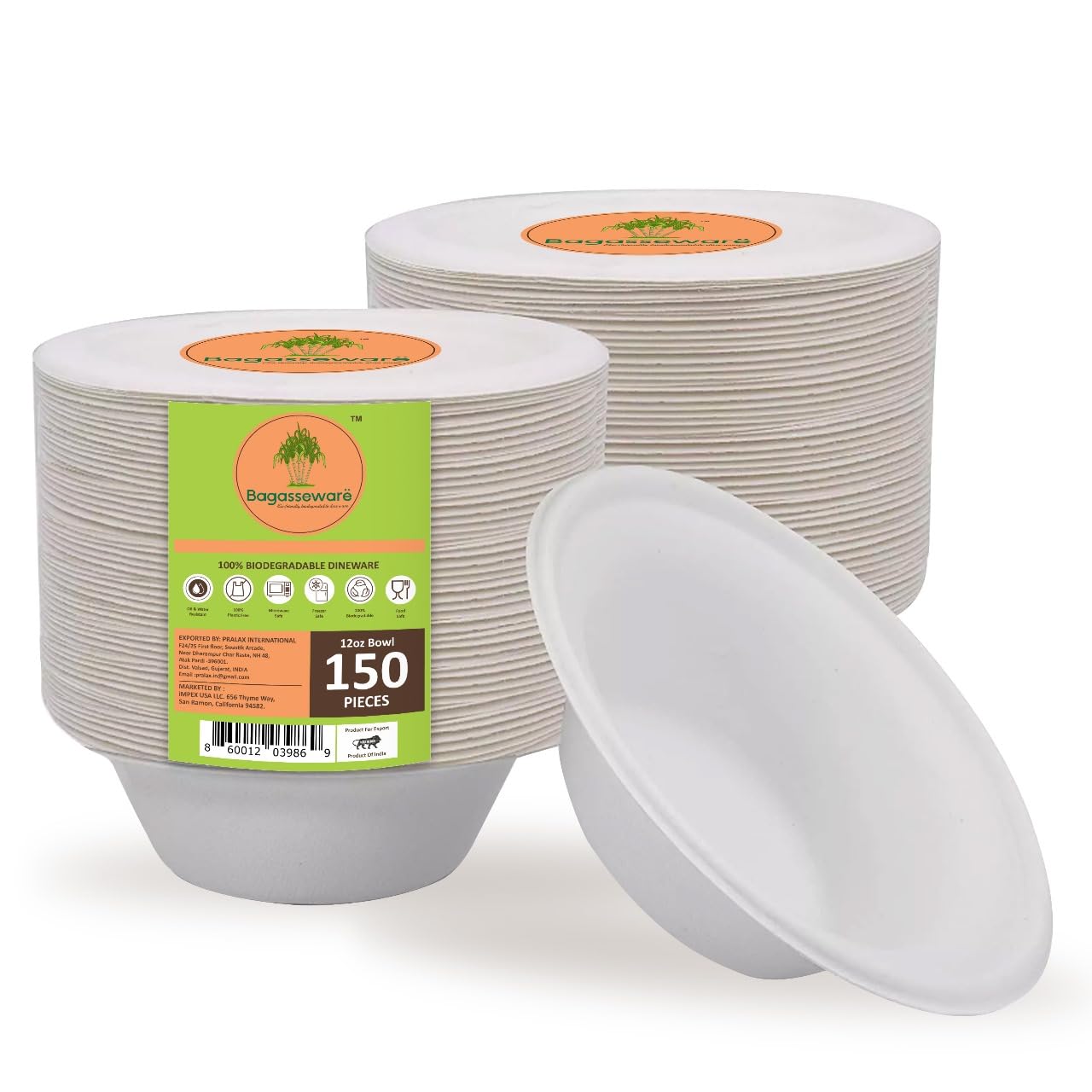 Compostable 12 oz Bowls - 150 Count | Heavy-Duty 3X Stronger Disposable Bowls | Biodegradable, Soak-Proof, Microwave & Freezer Safe | Eco-Friendly