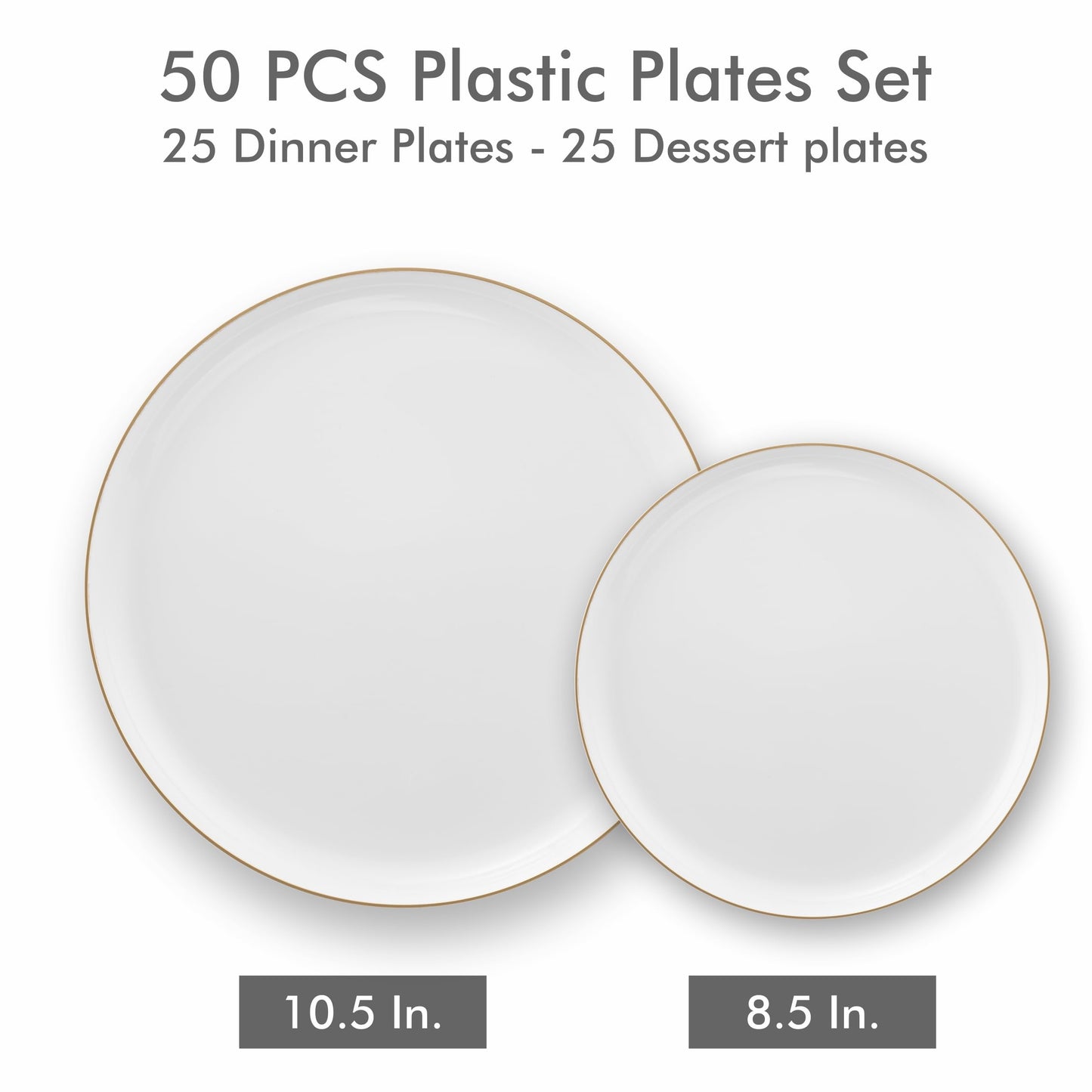 BloominGoods 50 PCS Disposable Plastic Plates For Party, 25 8.5 In. Appetizer Plates And 25 10.5 In. Dinner Plates, White With Gold Rim Plates