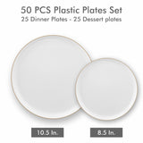 BloominGoods 50 PCS Disposable Plastic Plates For Party, 25 8.5 In. Appetizer Plates And 25 10.5 In. Dinner Plates, White With Gold Rim Plates