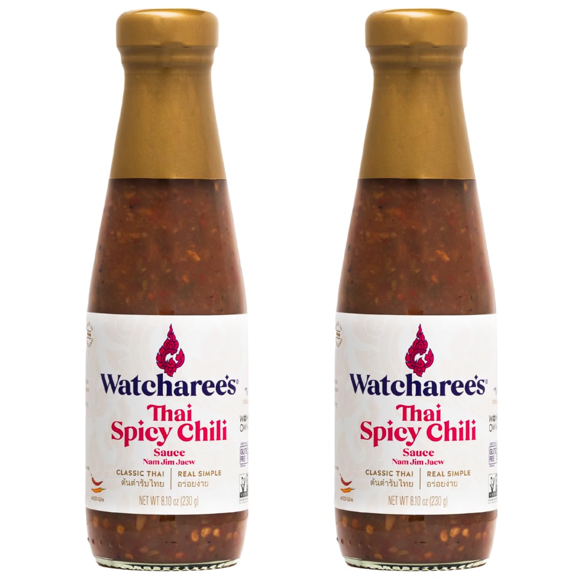 Watcharee's Thai Spicy Chili Sauce, Gluten Free, Vegan, Authentic Stir Fry, Dressing, Rice Seasoning, Condiment & Dipping Sauce - 8.1 oz Bottle (Pack