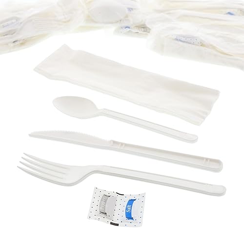 AmerCareRoyal 6-in-1 Disposable Silverware Heavy Weight Plastic Utensil Set with Teaspoon, Fork, Knife, Salt & Pepper Packets, 13x17 Napkin