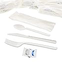 AmerCareRoyal 6-in-1 Disposable Silverware Heavy Weight Plastic Utensil Set with Teaspoon, Fork, Knife, Salt & Pepper Packets, 13x17 Napkin