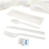 AmerCareRoyal 6-in-1 Disposable Silverware Heavy Weight Plastic Utensil Set with Teaspoon, Fork, Knife, Salt & Pepper Packets, 13x17 Napkin