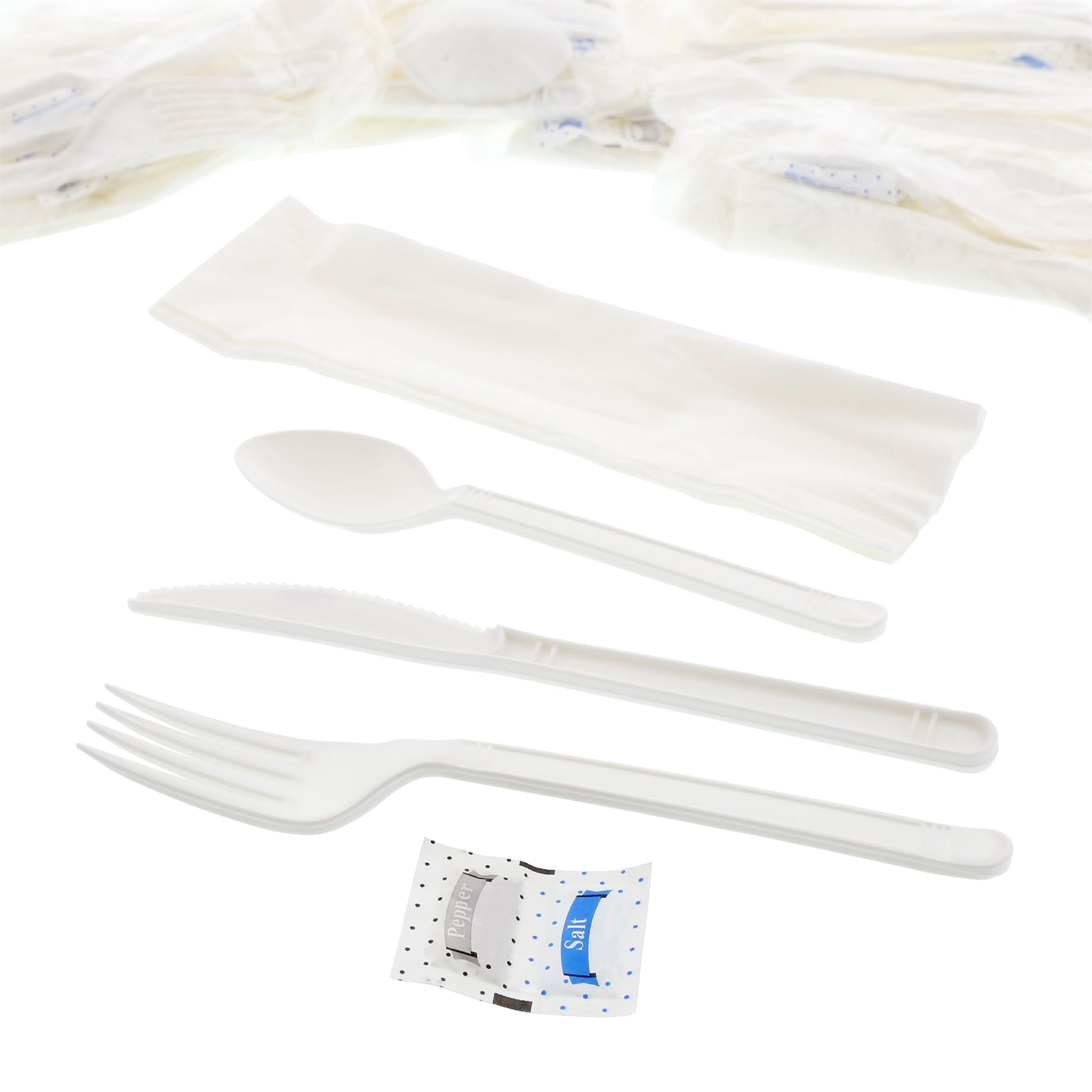 AmerCareRoyal 6-in-1 Disposable Silverware Heavy Weight Plastic Utensil Set with Teaspoon, Fork, Knife, Salt & Pepper Packets, 13x17 Napkin