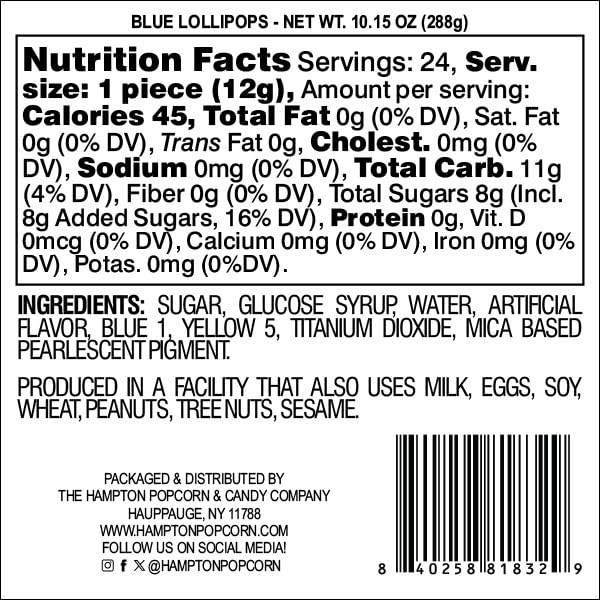 Aqua Light Blue Lollipops, 24 Pack, Blue Suckers, Blue Lollipops Individually Wrapped, Lollipop Suckers Bulk, The Hampton Popcorn & Candy Company