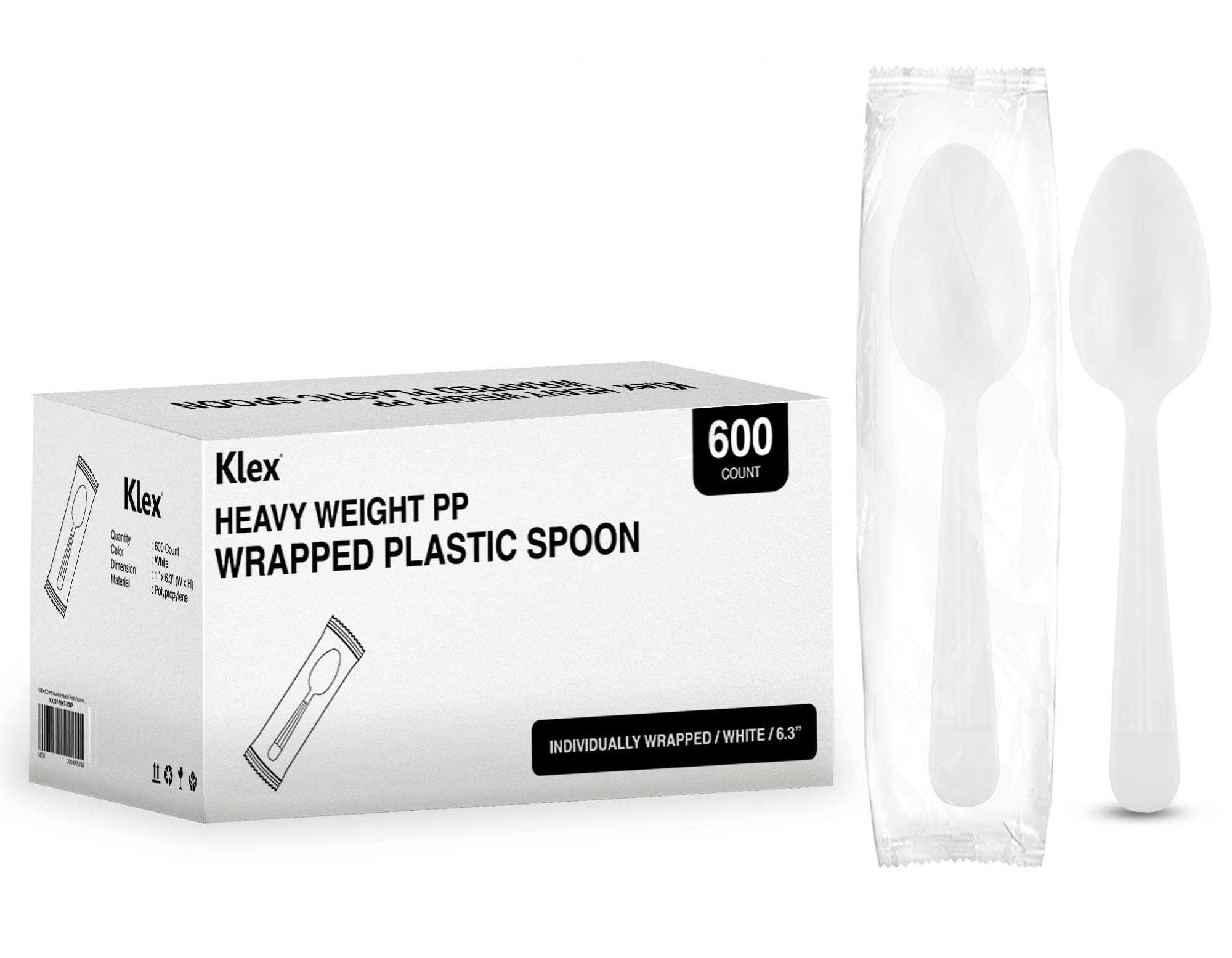 Klex 600 Disposable Plastic Spoons with Heat Resistant, Individually Wrapped, BPA Free Durable Heavy Weight Spoon, 6.3", White, 600 Count
