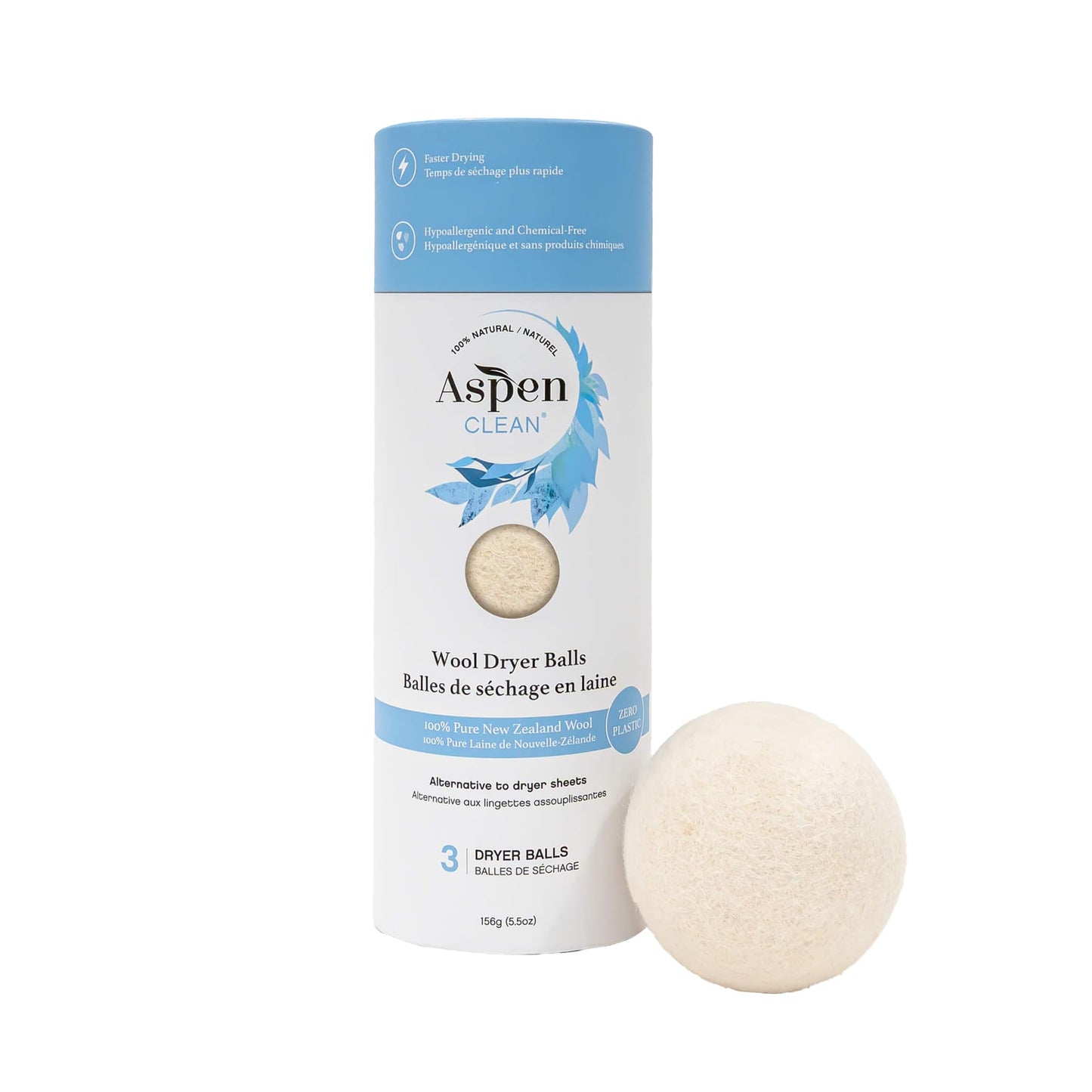 AspenClean | Wool Dryer Balls | 100% Pure New Zealand Wool | Reusable Natural Fabric Softener Alternative | Reduces Drying Time & Static | Pack of 3