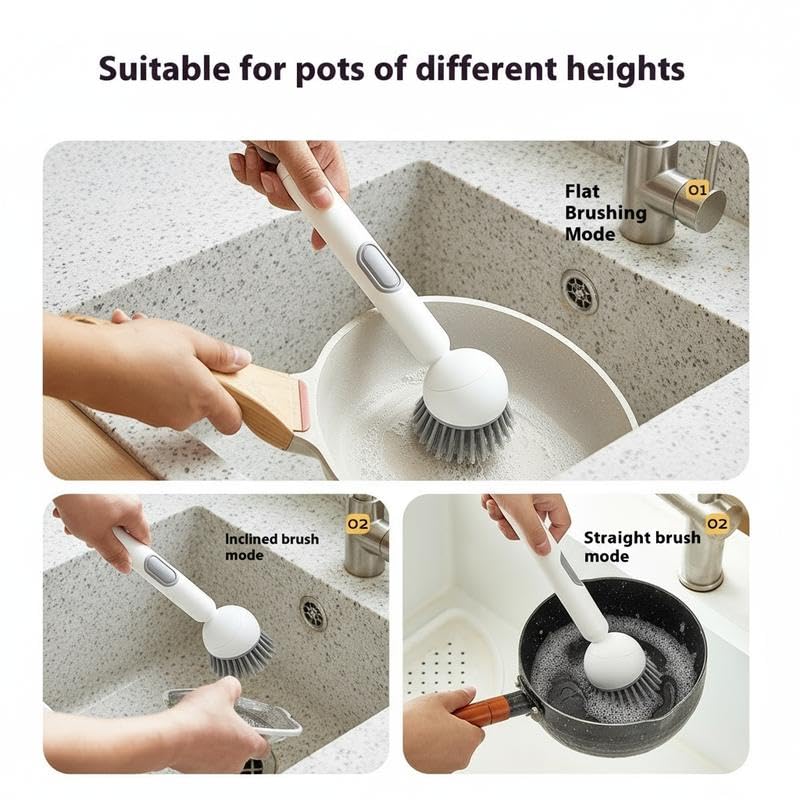 6-in-1 Dish Brush with Detergent Dispenser 360° Rotating Scrubber for Pots Pans Dishes & Utensils Adjustable Angles Non-Slip Grip Handle Durable PET