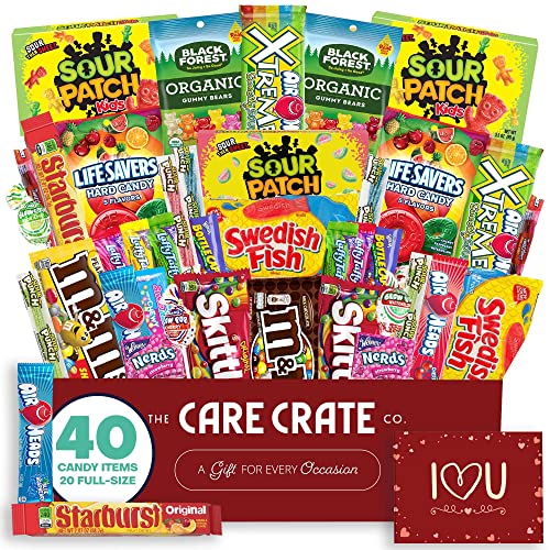 Valentine's Day Candy Snack Box (40 Full Size Variety Gift Basket Care Package) M&Ms, Starburst, Swedish Fish, Skittles & More - The Care Crate Co.