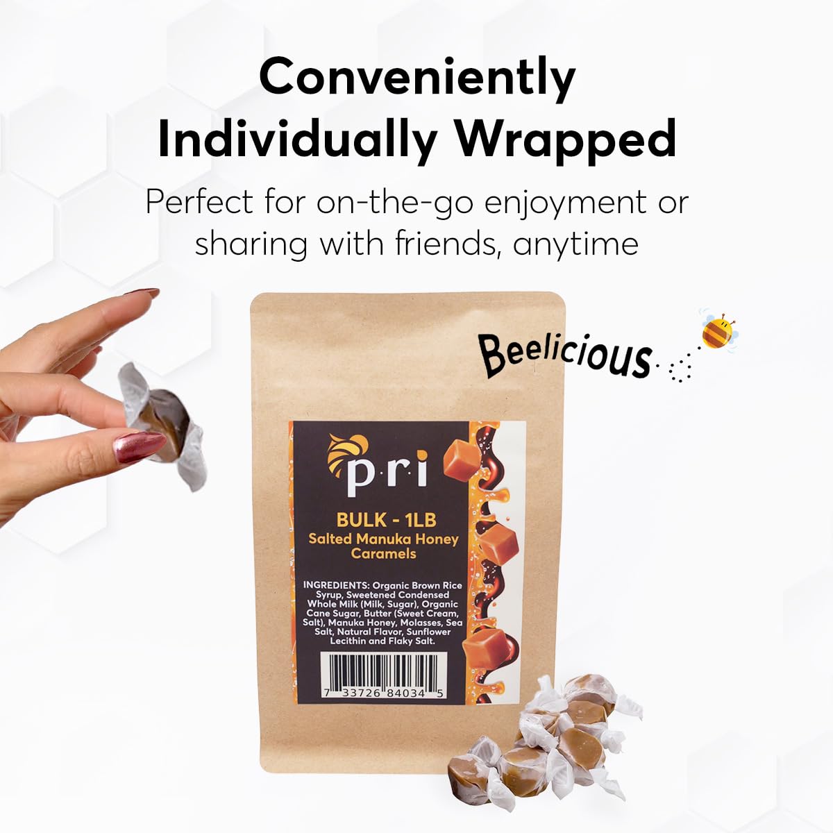 P.R.I Manuka Honey Salted Caramels - 1 lb Bulk Bag - Soft Chewy Caramels Made with New Zealand Manuka Honey & Sea Salt - Clean?Label, No Corn Syrup