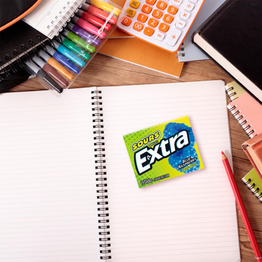 EXTRA SOURS Blue Raspberry Sugar Free Chewing Gum, Sour Candy Bulk Gum Packs, 15 Stick Pack, 10 Count