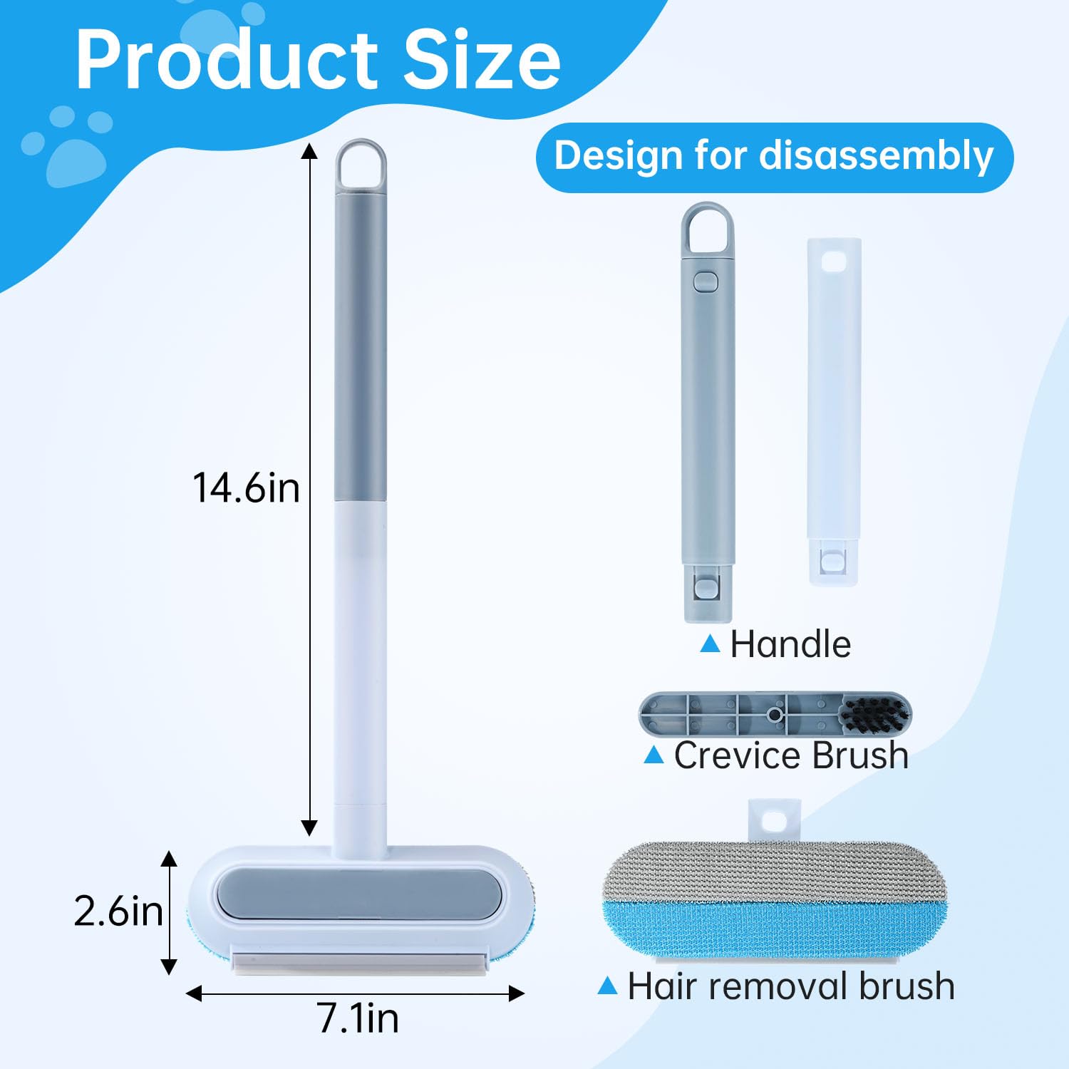 Multifunctional Pet Hair Remover Tool for Furniture, Reusable Washable Dog and Cat Hair Lint Removal Brush, 4 in 1 17.3Inch Extendable, Adjustable