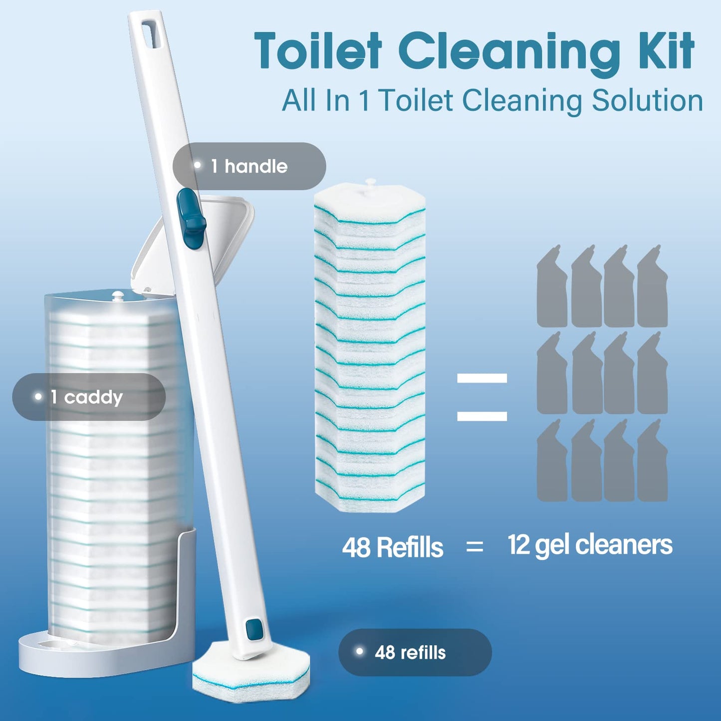 Disposable Toilet Brush with 48 PCS Refills, Disposables Toilets Cleaning System with Handle, Storage Caddy and 48Toilet Bowl Refill Heads