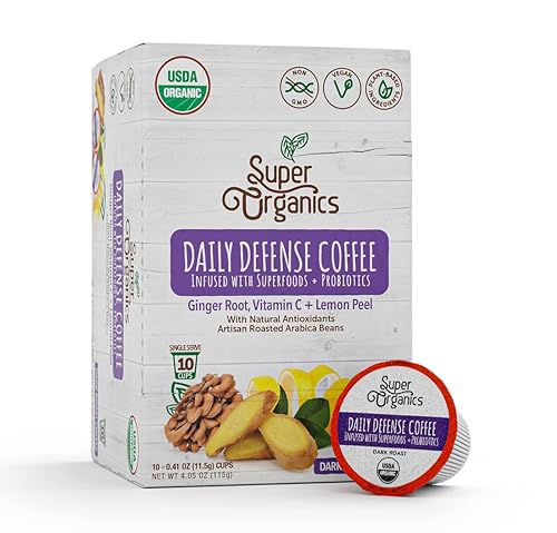 Super Organics Daily Defense Coffee - Organic Dark Roast Coffee K Cups with Superfoods and Probiotics (Keurig K-Cup Compatible), 10ct Single Serve