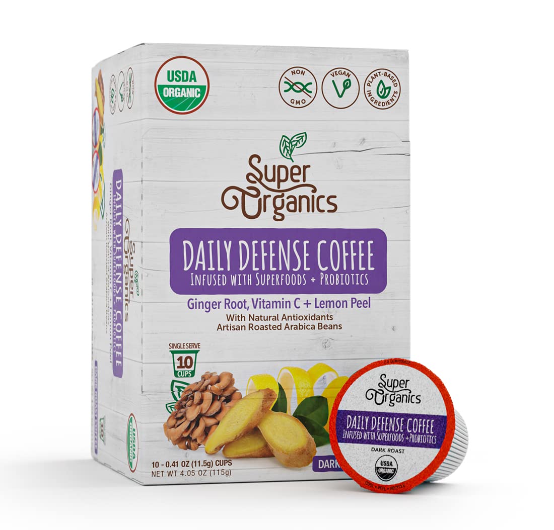 Super Organics Daily Defense Coffee - Organic Dark Roast Coffee K Cups with Superfoods and Probiotics (Keurig K-Cup Compatible), 10ct Single Serve