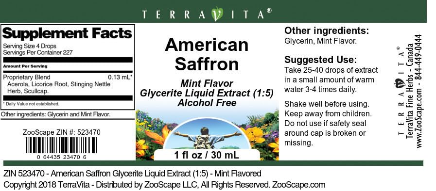 American Saffron Glycerite Liquid Extract (1:5) - Mint Flavored (1 oz, ZIN: 523470)