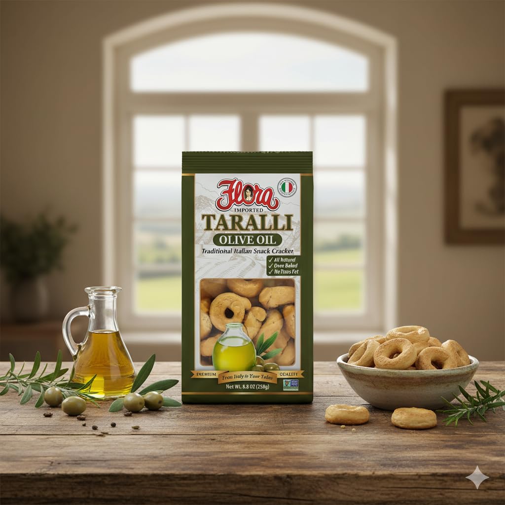 Taralli by Flora 7.05 oz - Italian Snack Cracker - All Natural Oven Baked - Cholesterol Free - Savory Snack - 100% Italian (Olive Oil)